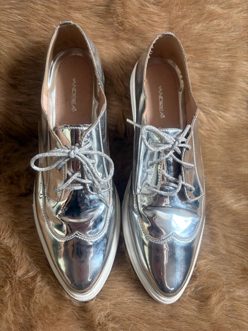 ANDREA FENZI Shiny Silver Lace-Up Women's Loafers